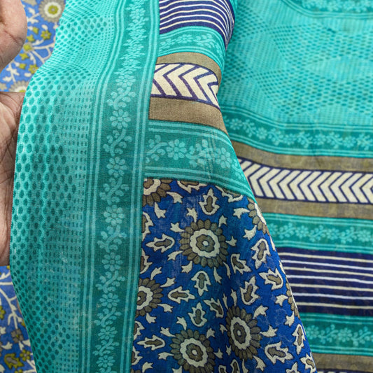 Sanskriti Vintage Blue Pure Cotton Saree Floral Printed Sari 5.5YD Craft Fabric