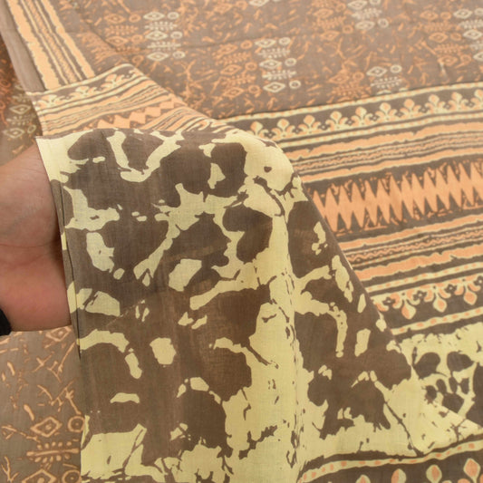 Sanskriti Vintage Saree Brown Pure Cotton Batik Abstract Print Sari 5+Yd Fabric