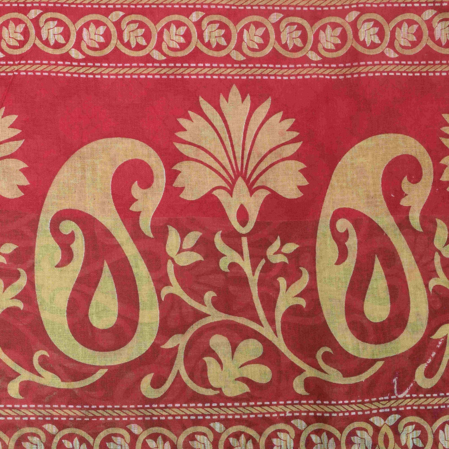 Sanskriti Vintage Saree Red-Green Pure Cotton Floral Rotary Printed Sari 5.5 Yd