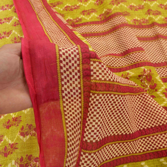 Sanskriti Vintage Saree Green-RedPure Cotton Floral Print Sari 5+Yd Fabric Craft