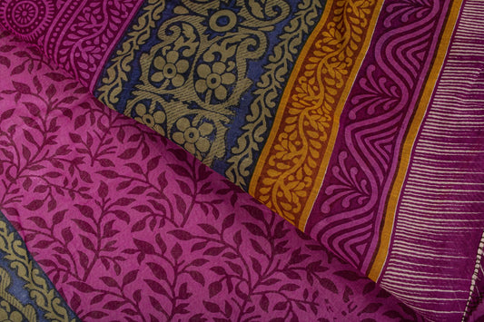 Sanskriti Vintage Purple 100% Pure Cotton Saree Floral Printed 5+Yard CraftSari