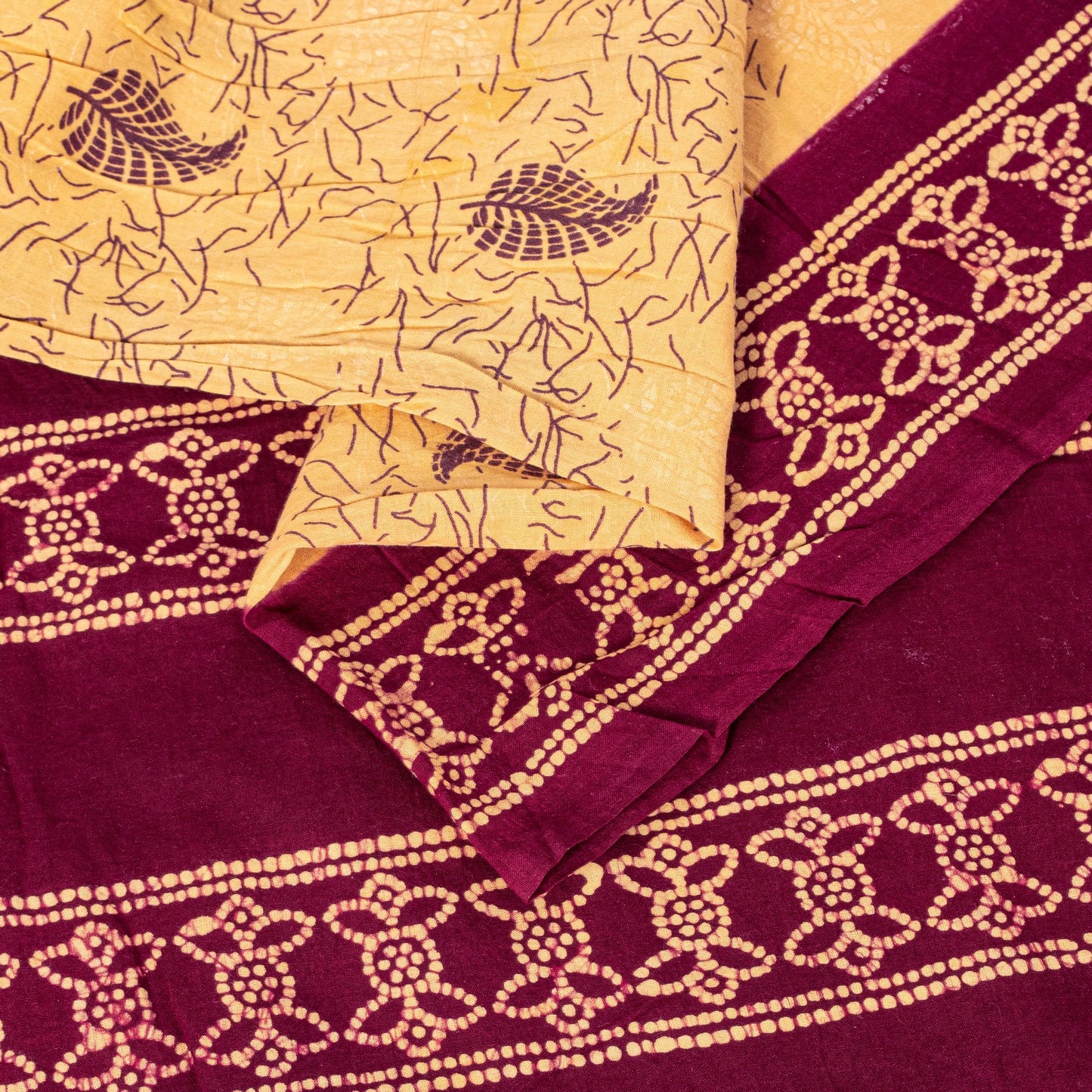 Sanskriti Vintage Soft Cream-Purple Pure Cotton Saree Batik Work Sari 5.5 yard