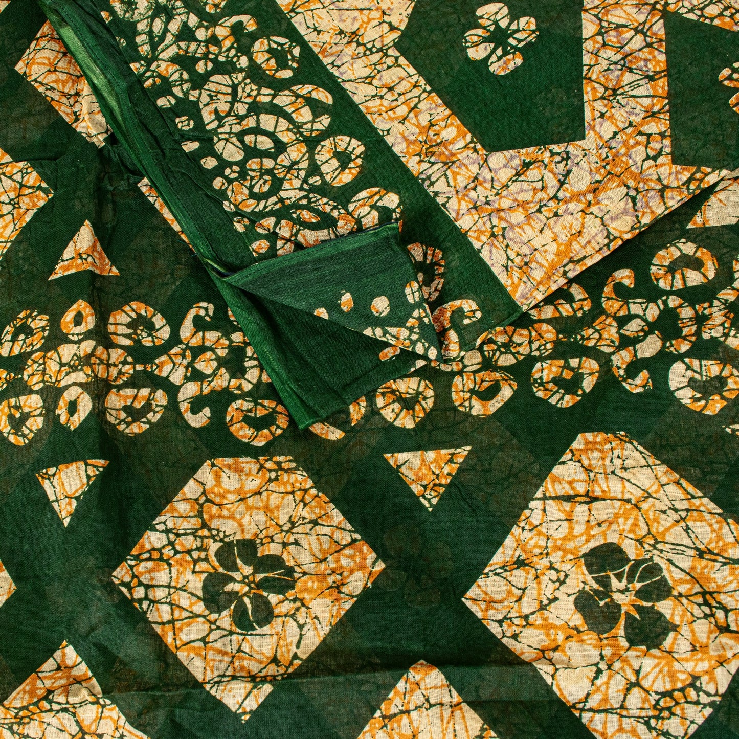 Sanskriti Vintage Dark Green Pure Cotton Saree Geometric Batik Printed Sari 5+YD