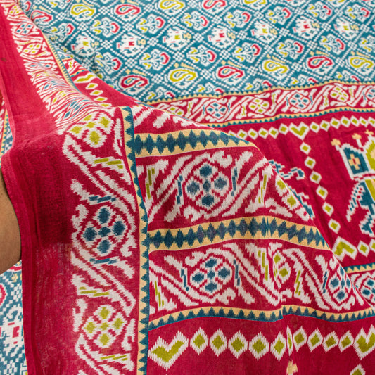 Sanskriti Vintage Blue-Red Pure Cotton Saree Patan Patola Ikat Printed Sari 5+YD