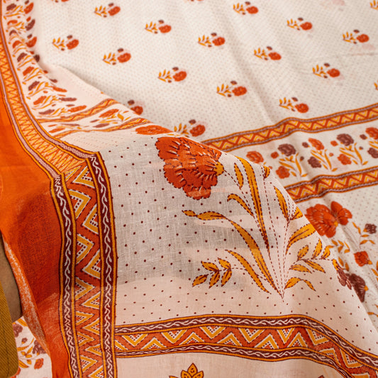 Sanskriti Vintage White-Orange Pure Cotton Saree Kantha Digital Print Sari 5.5YD