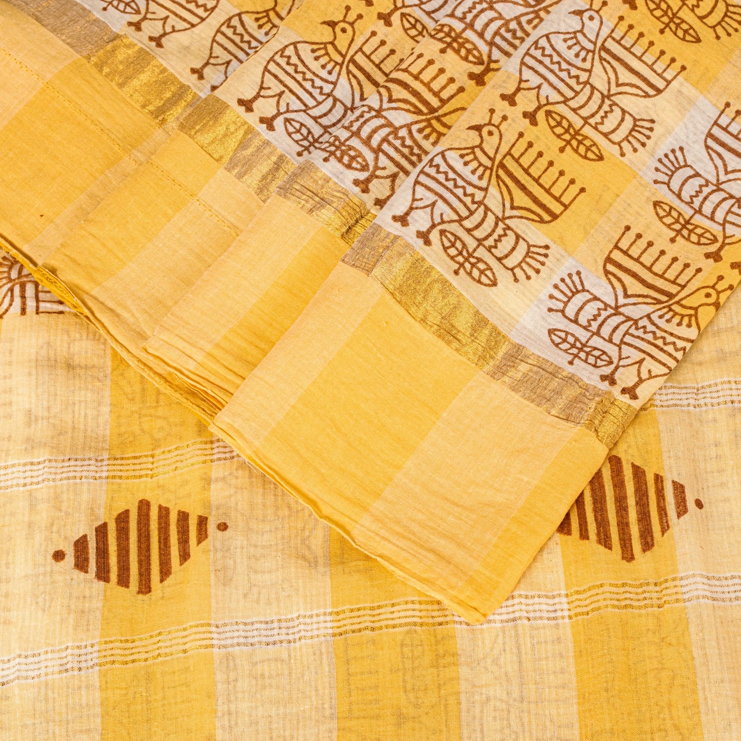 Sanskriti Vintage Yellow Saree Pure Cotton Handmade Kalamkari Peacock Sari 5.5YD