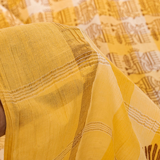 Sanskriti Vintage Yellow Saree Pure Cotton Handmade Kalamkari Peacock Sari 5.5YD