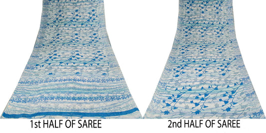 Sanskriti Vintage Saree Blue Kota Woven/Doria 100% Pure Cotton Floral Printed Sari 5+YD Sewing Craft Decor Fabric