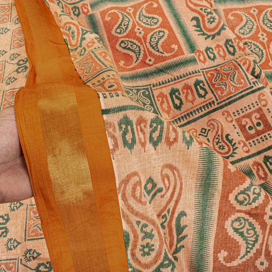 Sanskriti Vintage Saree Peach Pure Cotton Ikat Printed Sari Craft Fabric 5+Yard