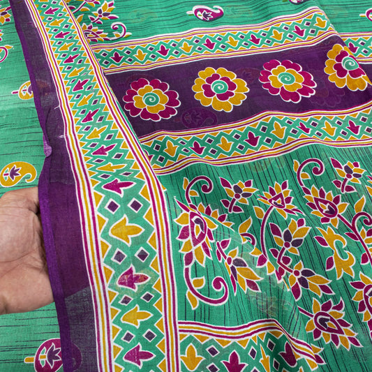 Sanskriti Vintage Saree Green Pure Cotton Floral Print Sari Craft Fabric 5+Yard