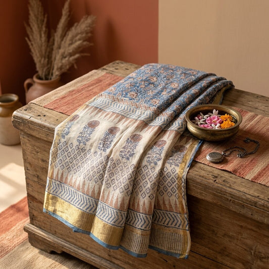Sanskriti Vintage Saree Blue Pure Cotton Kota Woven Hand Block Kalamkari 6YD Sari