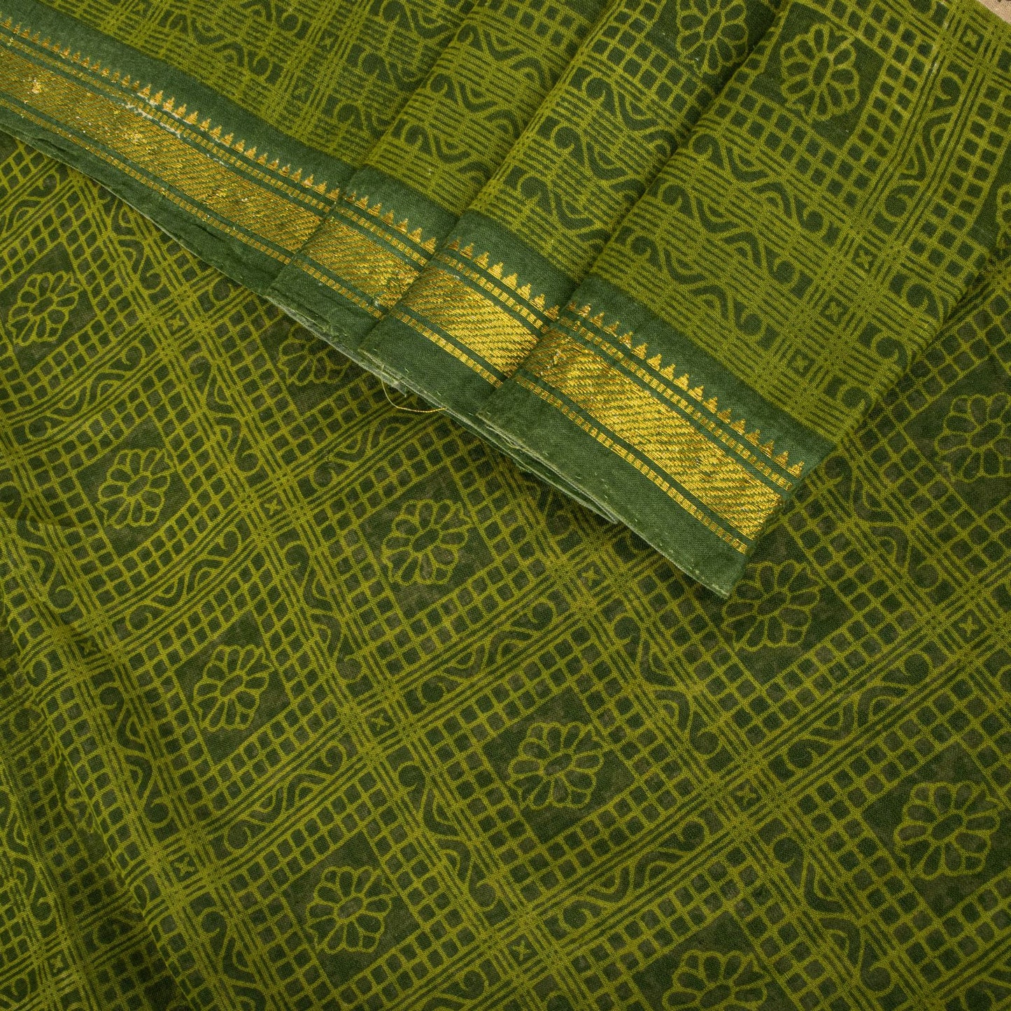 Sanskriti Vintage Saree Beige-Green Pure Cotton Floral Printed-Zari Border Sari