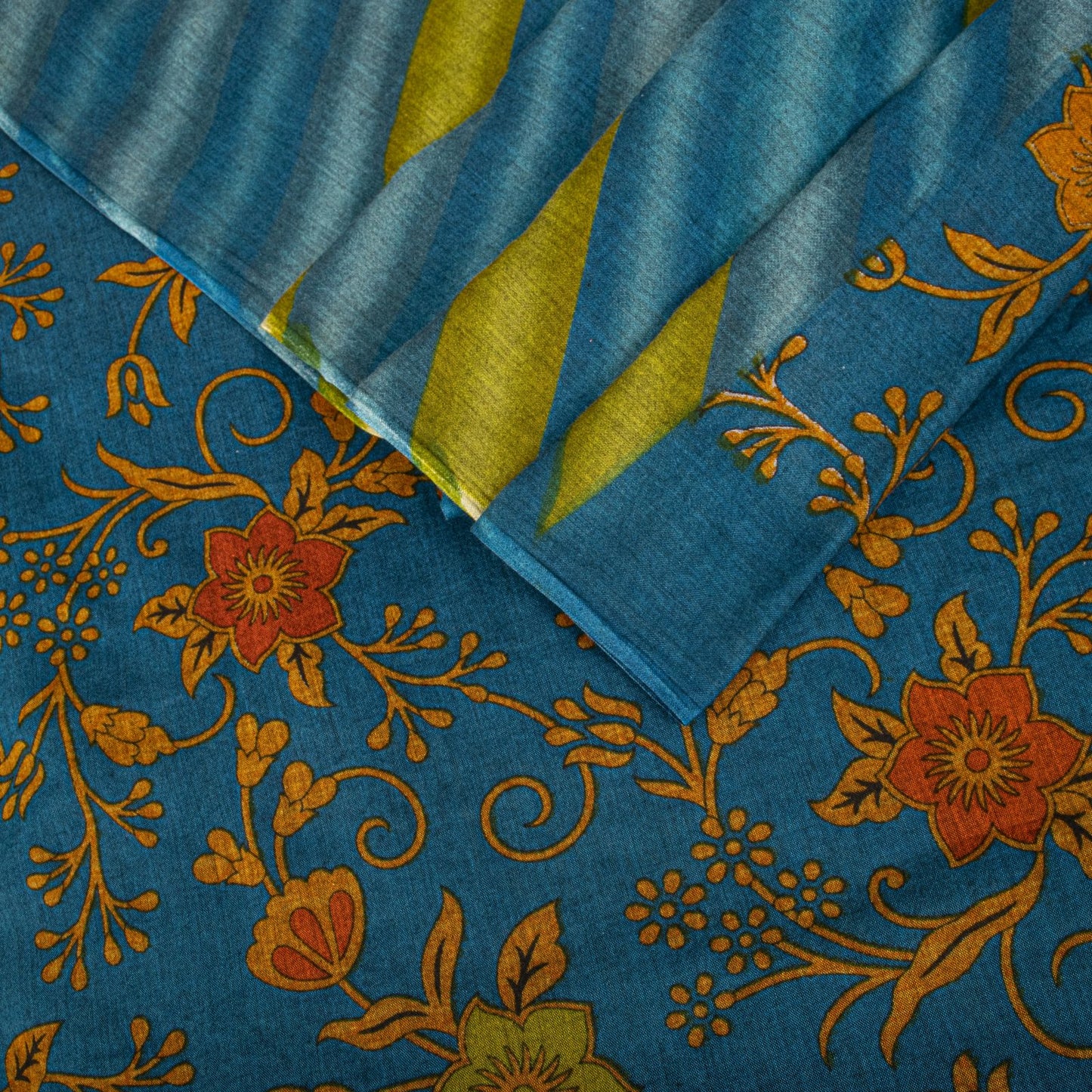 Sanskriti Vintage Saree Blue Pure Cotton Floral Printed Craft Fabric 5+Yard Sari
