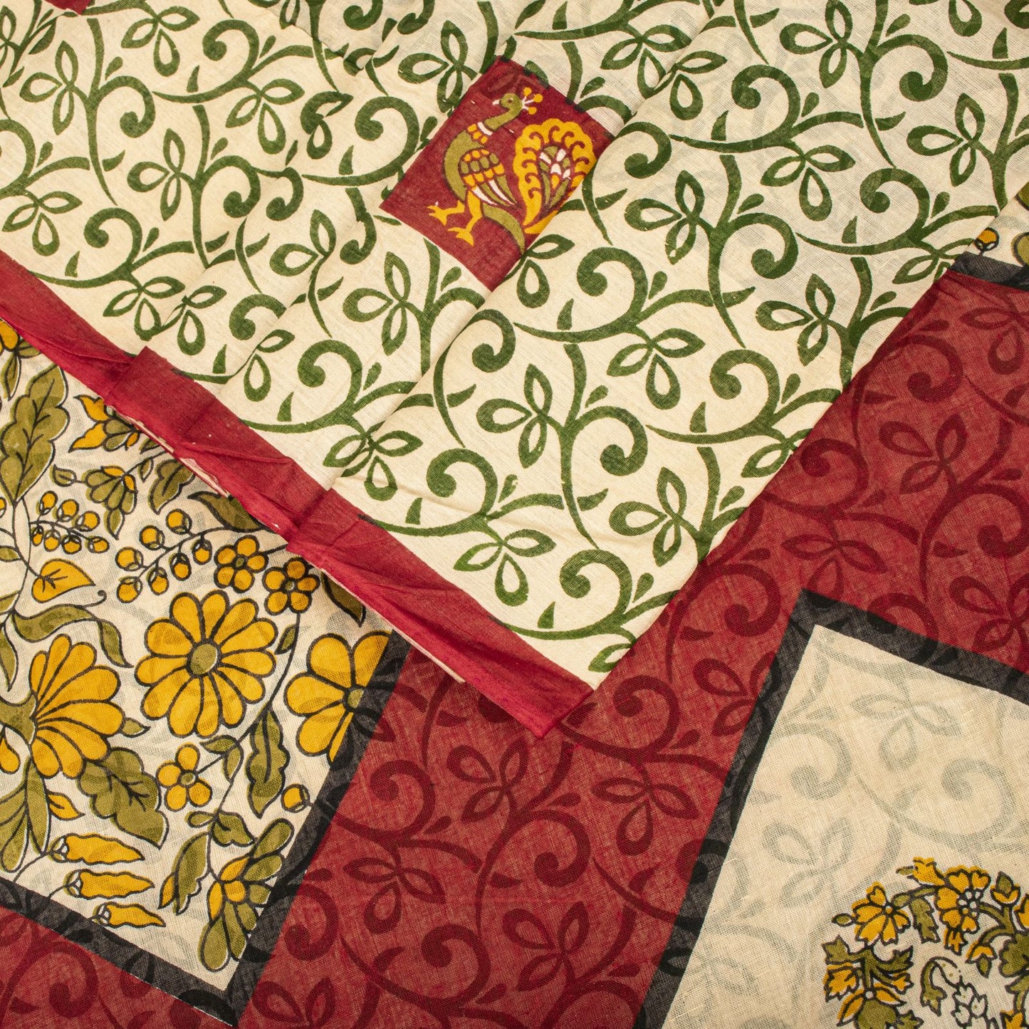 Sanskriti Vintage Saree Cream-Red Pure Cotton Peacock Print Sari Fabric 5+Yard