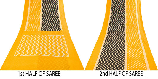 Sanskriti Vintage Saree Yellow-Black Pure Cotton Print Sari Craft Fabric 5+Yard