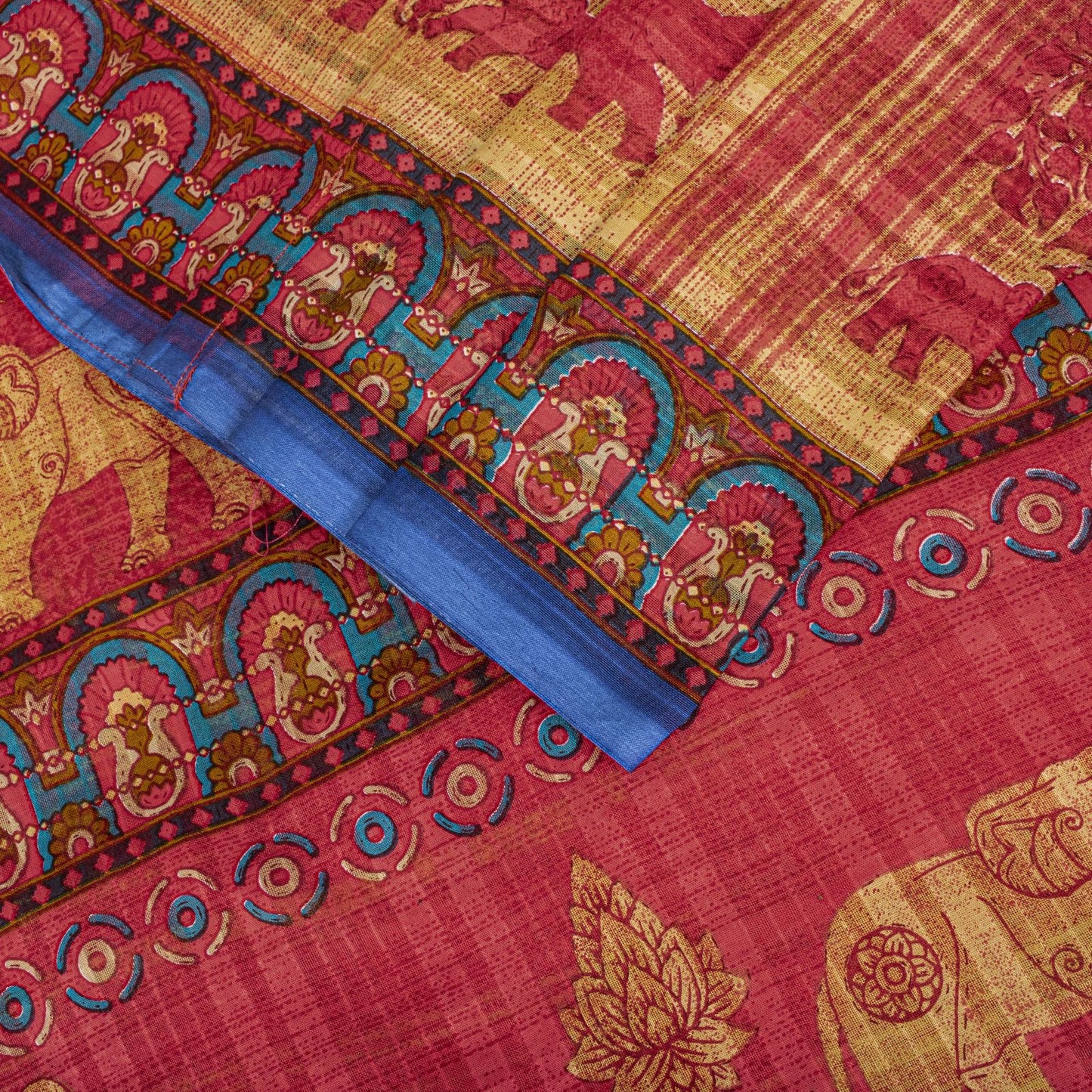 Sanskriti Vintage Saree Red Pure Cotton Elephant Print Sari Craft Fabric 5+Yard