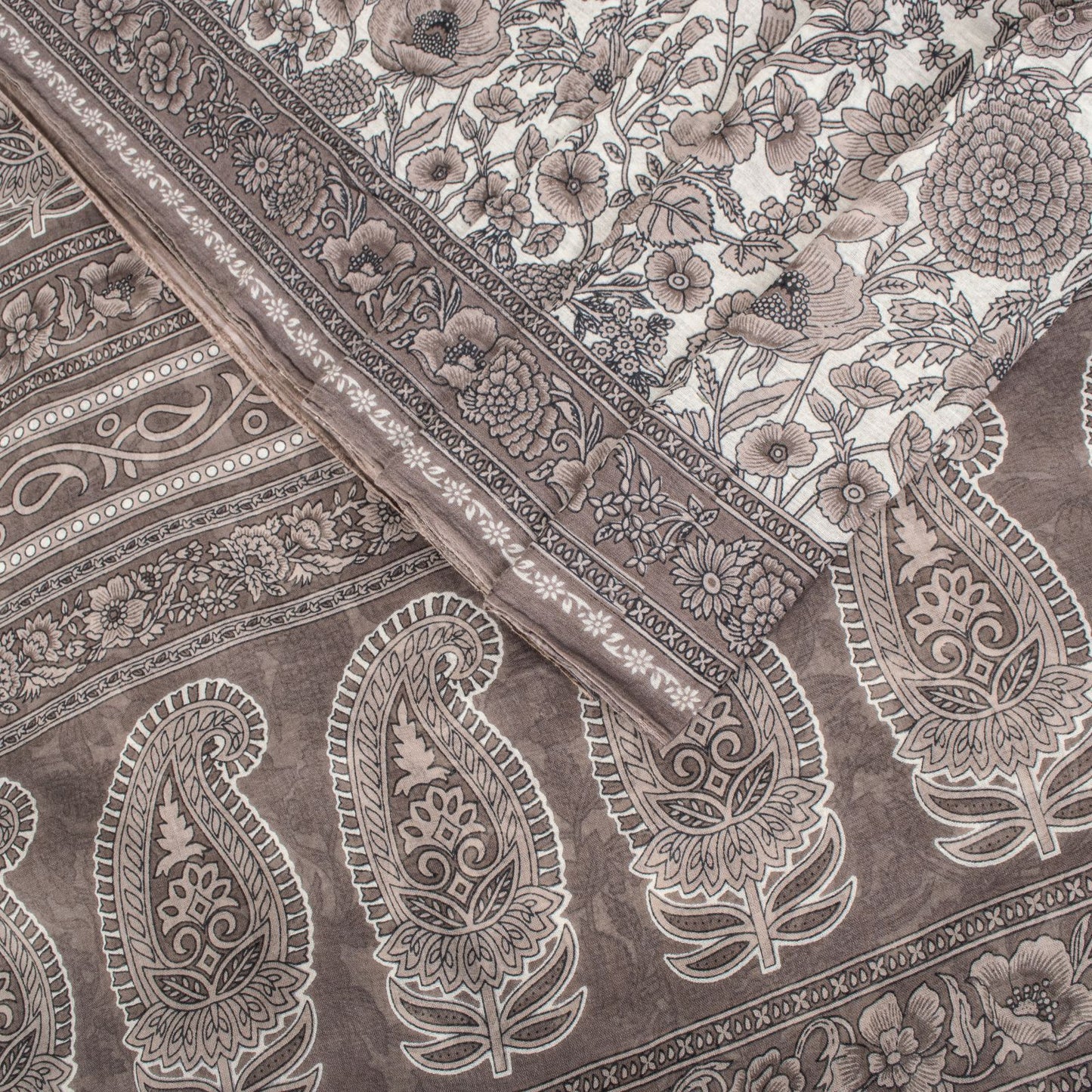Sanskriti Vintage Saree White-Gray Pure Cotton Printed Sari Craft Fabric 5+Yard