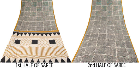 Sanskriti Vintage Saree Black-White 100% Pure Cotton Geometric Printed Craft Fabric 5+Yd Sari