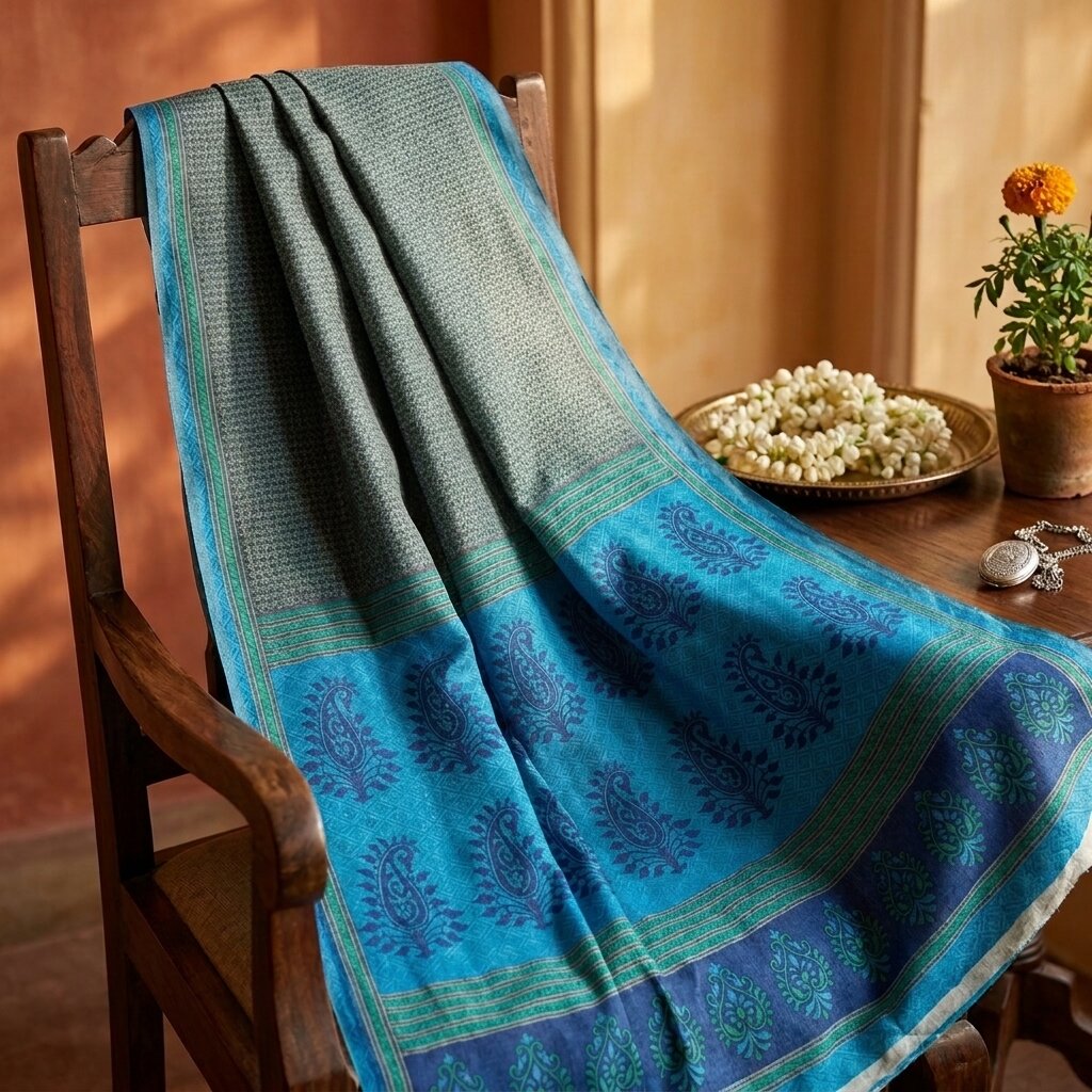 Sanskriti Vintage Saree Blue 100% Pure Cotton Ajrakh Inspired Geometric Printed Fabric 5+Yard Craft Fabric Sari