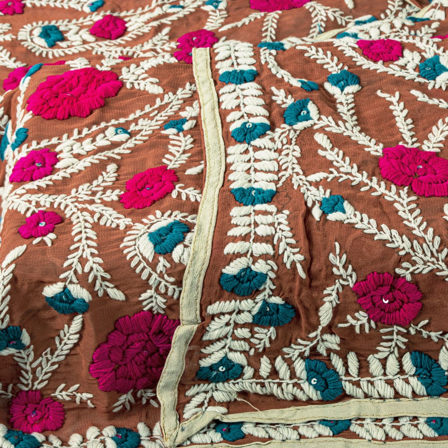 Sanskriti Dupatta Brown Pure Georgette Silk Hand Embroidered Phulkari OOAK Stole