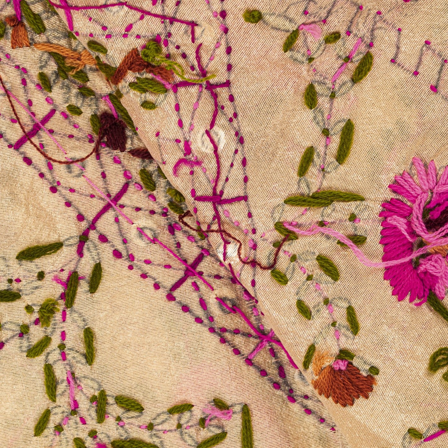 Sanskriti New Cream Dupatta/Stole Cream Art Silk Hand Embroidered Phulkari Veil