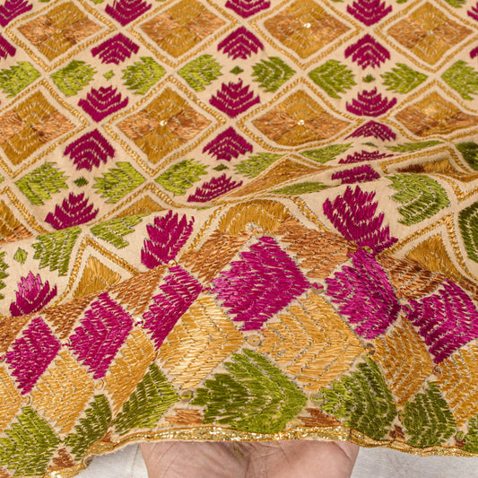 Sanskriti New Cream Bagh Phulkari Dupatta/Stole Blend Cotton Hand Embroidered