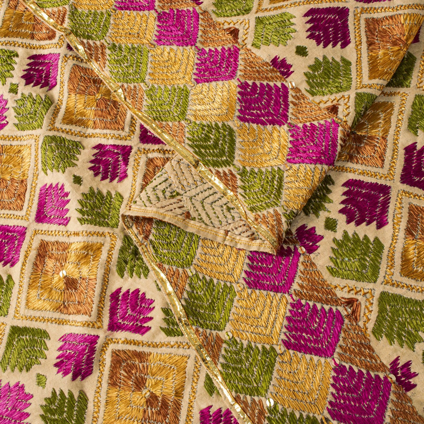 Sanskriti New Cream Bagh Phulkari Dupatta/Stole Blend Cotton Hand Embroidered