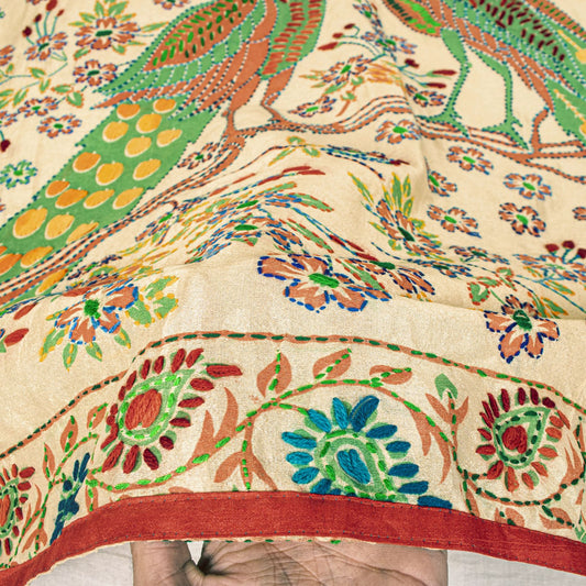 Sanskriti New Cream Art Silk Dupatta/Stole Peacock Hand Embroidery Phulkari Veil
