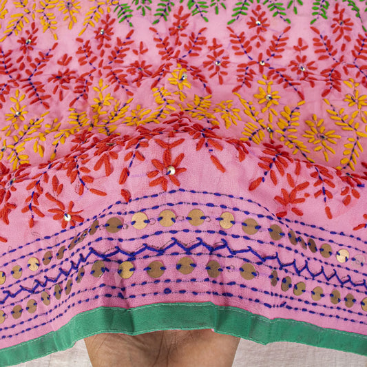 Sanskriti New Pink Phulkari Dupatta/Stole Georgette Hand Embroidery Wedding Veil