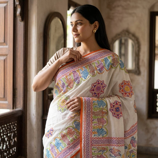 Sanskriti New White Phulkari Hand Embroidery Dupatta/Stole Art Silk Wedding Veil