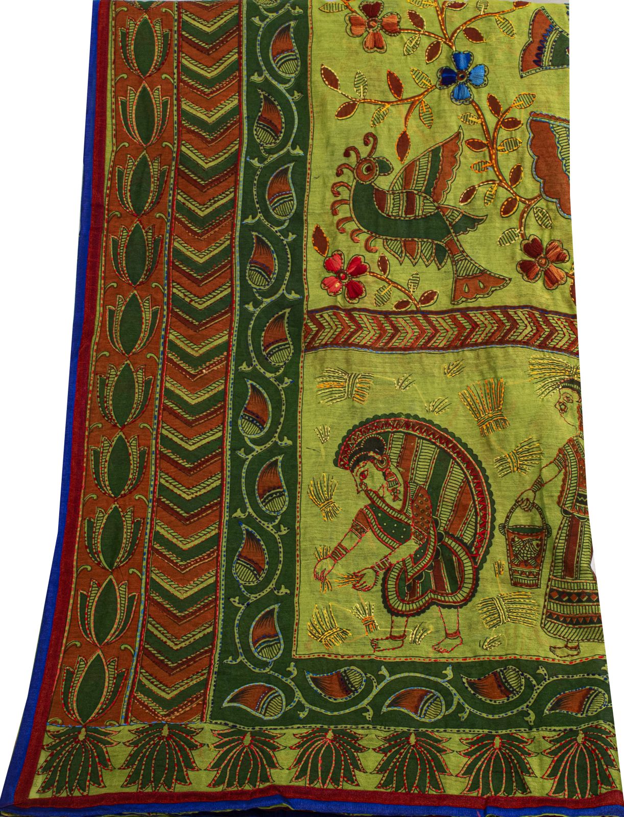 Sanskriti Vintage Green Cotton Dupatta/Stole Shrihasti Digital Kalamkari-Kantha