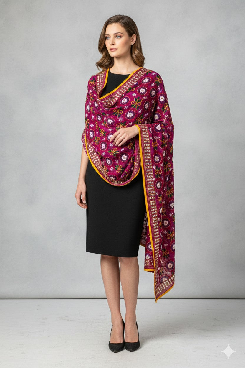 Sanskriti New Pink Phulkari Dupatta/Stole Pure Georgette Silk Hand Embroidered