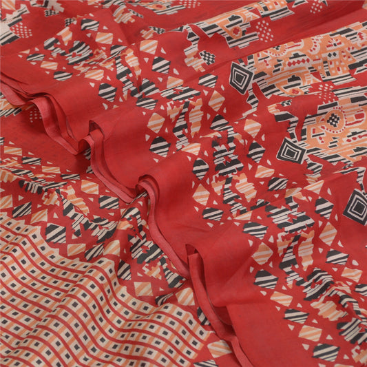 Sanskriti Vintage Red Saree 100% Pure Silk Printed Paisley Sari Craft Sustainable Fabric
