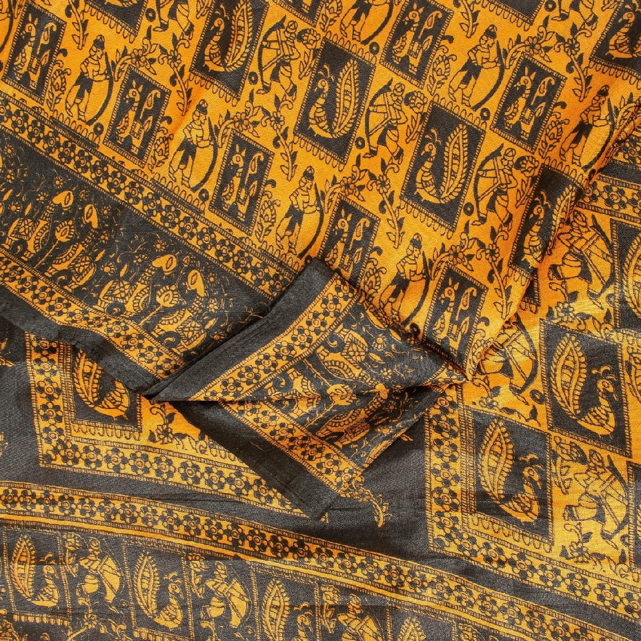Sanskriti Vintage Yellow & Black Art Silk Sarees Peacock Human Printed 5+YD Sari