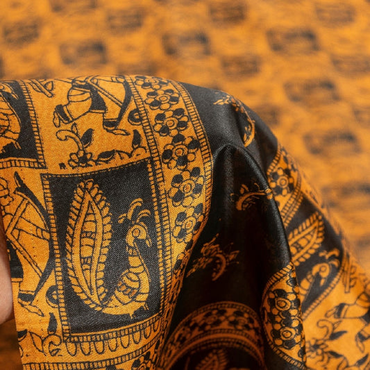 Sanskriti Vintage Yellow & Black Art Silk Sarees Peacock Human Printed 5+YD Sari