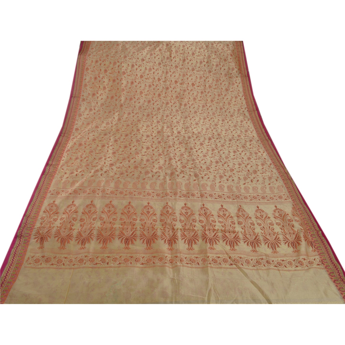 Sanskriti Vintage Art Silk Sarees Cream Printed Sari Craft Zari Border Fabric