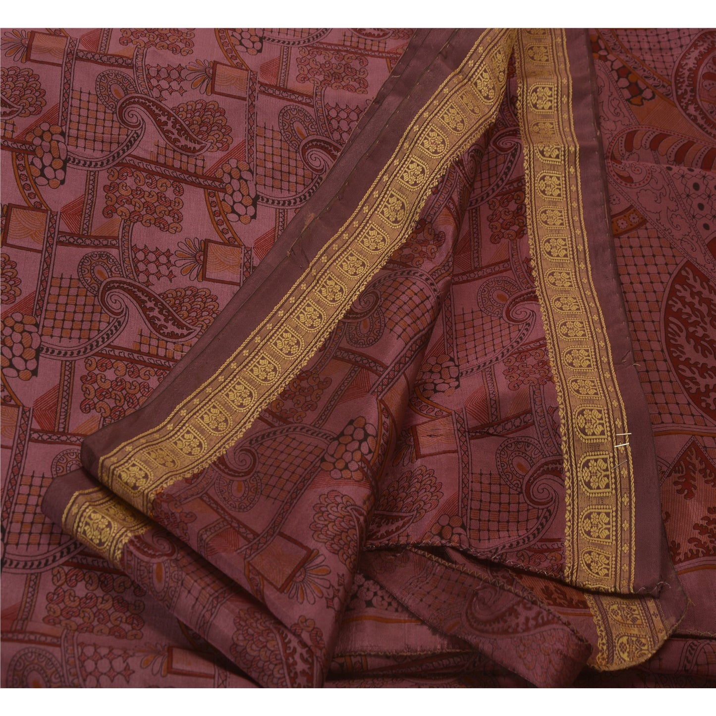 Sanskriti Vintage Saree Art Silk Pink 5.5+Yard Saree Craft Fabric Floral Paisely Print Indian Sari Create-Dresses, Kaftans, Tops, Project