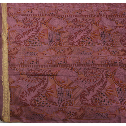 Sanskriti Vintage Saree Art Silk Pink 5.5+Yard Saree Craft Fabric Floral Paisely Print Indian Sari Create-Dresses, Kaftans, Tops, Project
