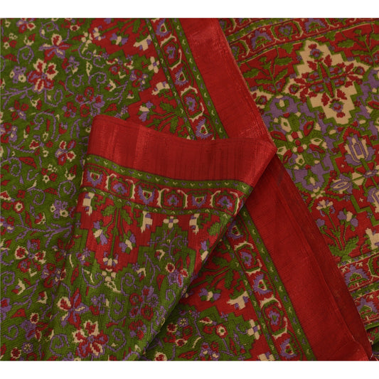 Sanskriti Vintage China Silk Sarees Green Printed Sari Craft 5 Yard Decor Fabric