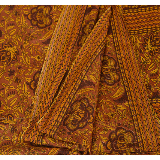 Sanskriti Vintage China Silk Sarees Brown Printed Sari Craft 5 Yard Decor Fabric