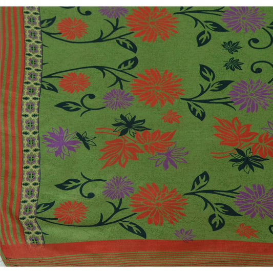 Sanskriti Vintage China Silk Sarees Green Printed Sari Craft 5 Yard Decor Fabric
