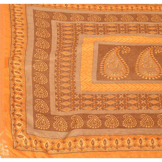 Sanskriti Vintage China Silk Sarees Orange Printed Sari Craft 5 YD Decor Fabric