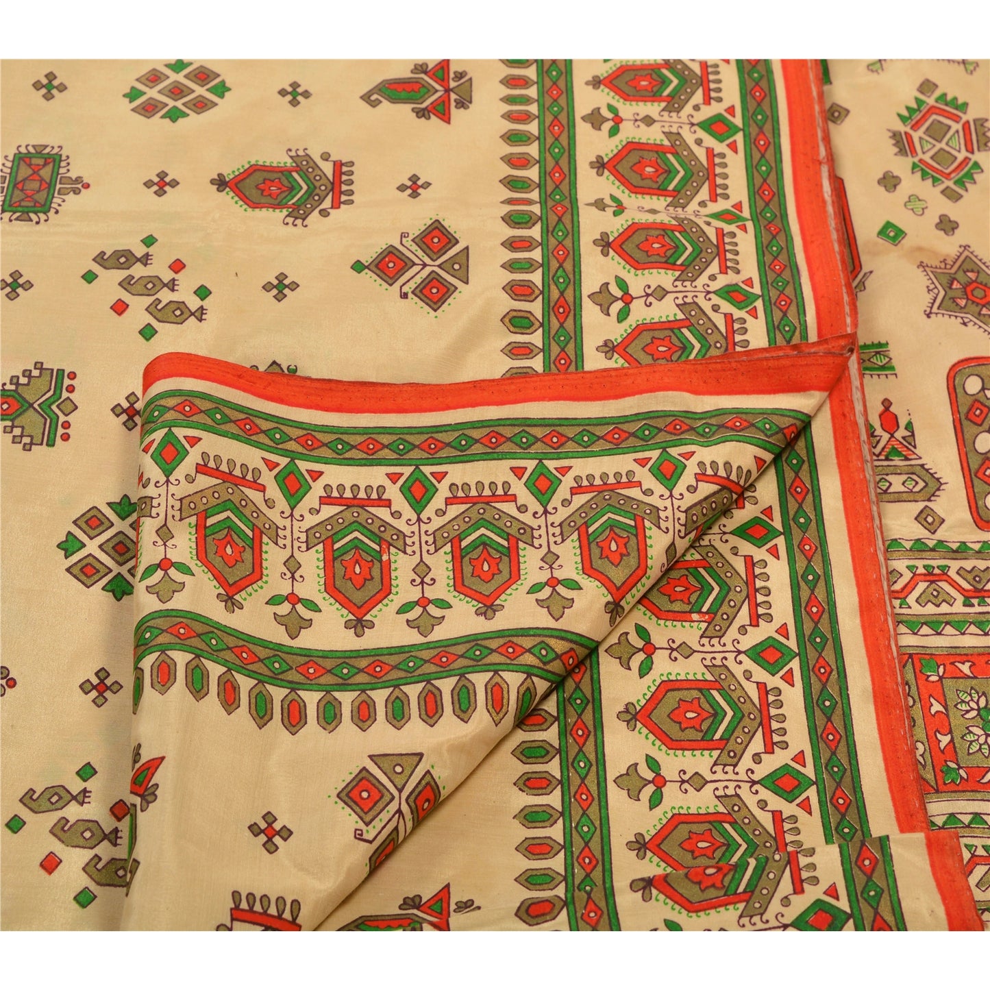 Sanskriti Vintage China Silk Sarees Cream Painted Sari Craft 5 Yard Drape Fabric