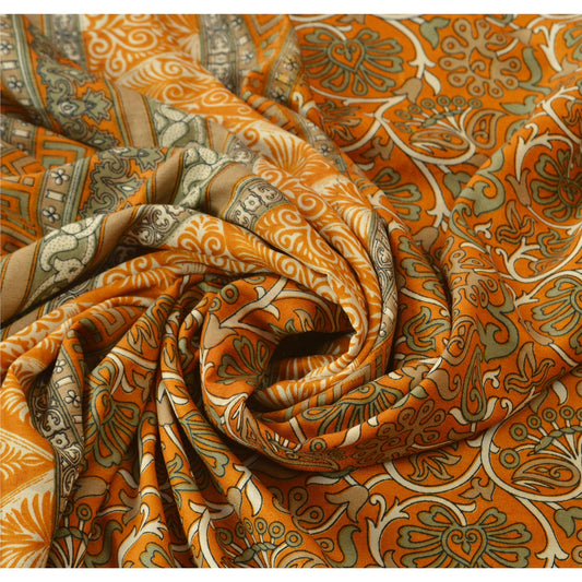 Sanskriti Vintage Printed China Silk Sarees Dark Yellow Dress Making Sari Fabric