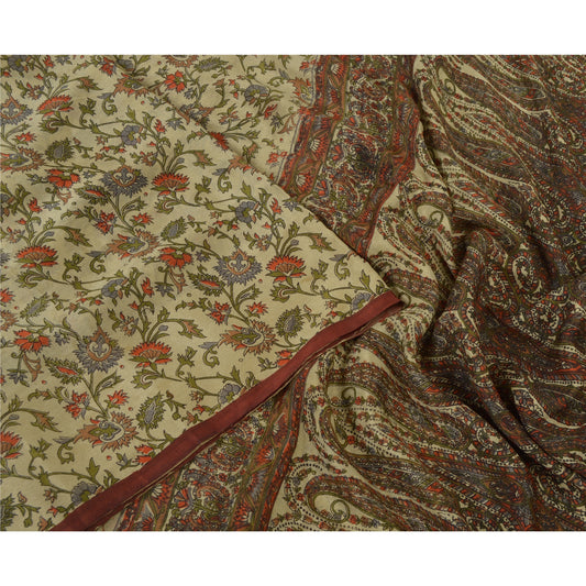 Sanskriti Vintage Saree 100% Pure Silk Cream Printed Sari Soft Craft 6+yd Fabric