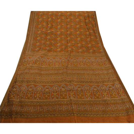 Sanskriti Vintage Orange Sarees Art Silk Printed Craft Sewing Sustainable Fabric 5 Yard Sari
