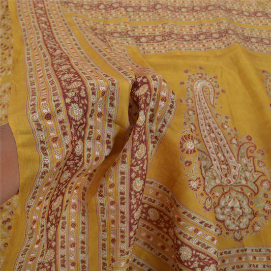 Sanskriti Vintage Mustard Green Sarees Pure Silk Block Printed 6+YD Indian Sari