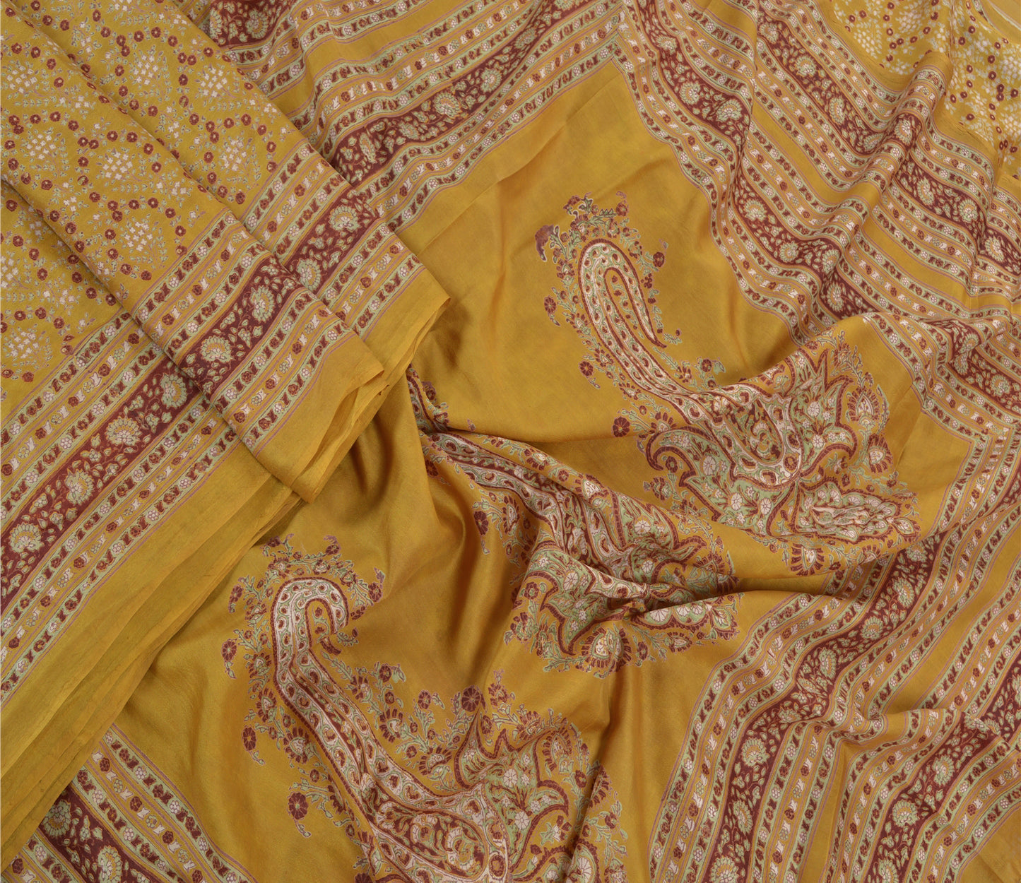 Sanskriti Vintage Mustard Green Sarees Pure Silk Block Printed 6+YD Indian Sari