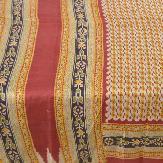 Sanskriti Vintage Creme/Røde Sarier Ren Silke Blomsterprintet Sari Håndværksmæssigt Bæredygtigt Stoff