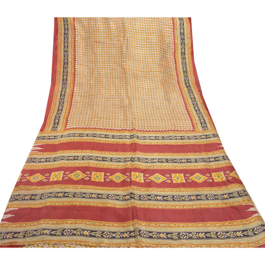Sanskriti Vintage Creme/Røde Sarier Ren Silke Blomsterprintet Sari Håndværksmæssigt Bæredygtigt Stoff